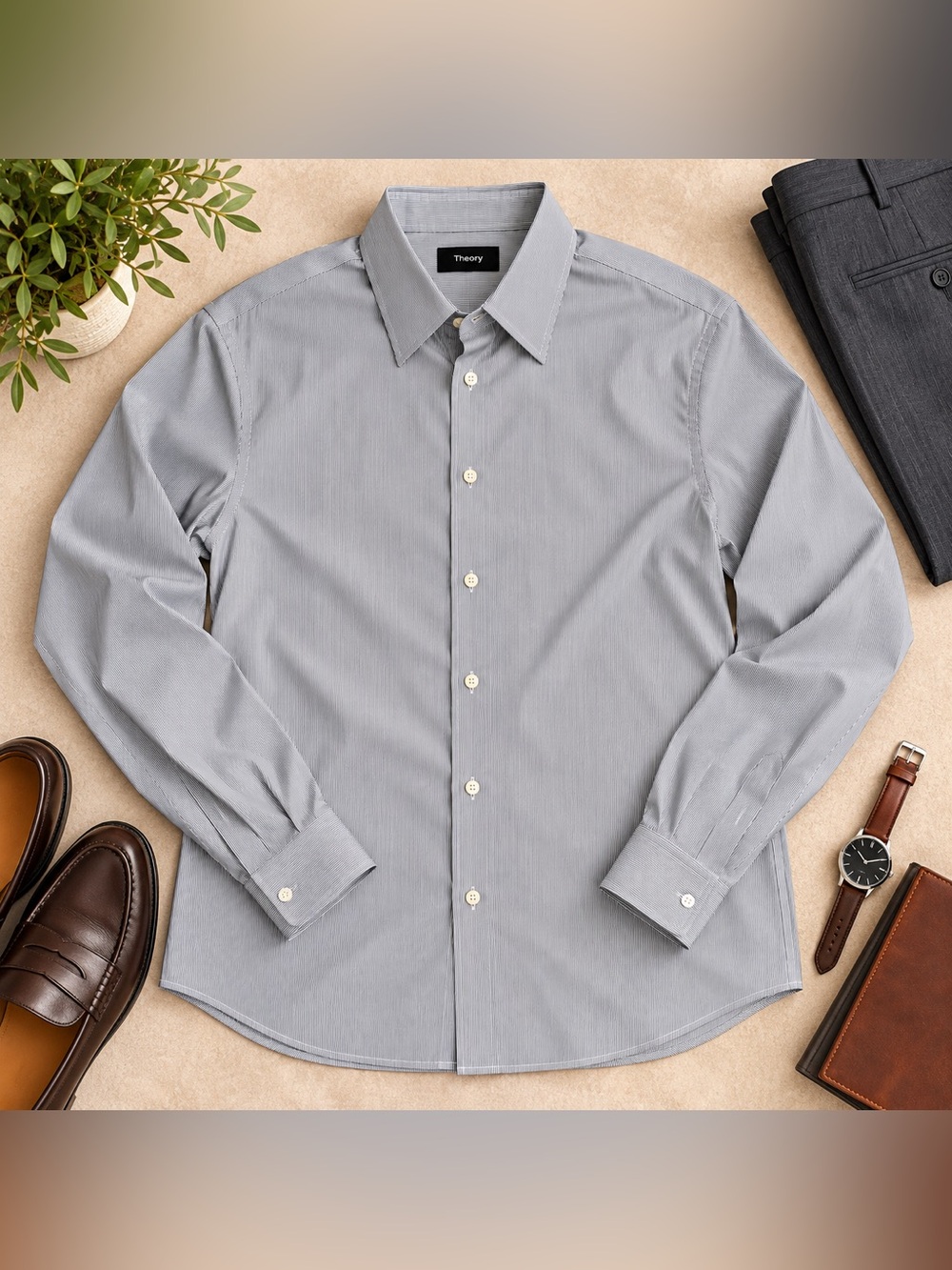 Theory Irving Broome Stripe Men’s Medium Stretch Button Down Shirt Gray White